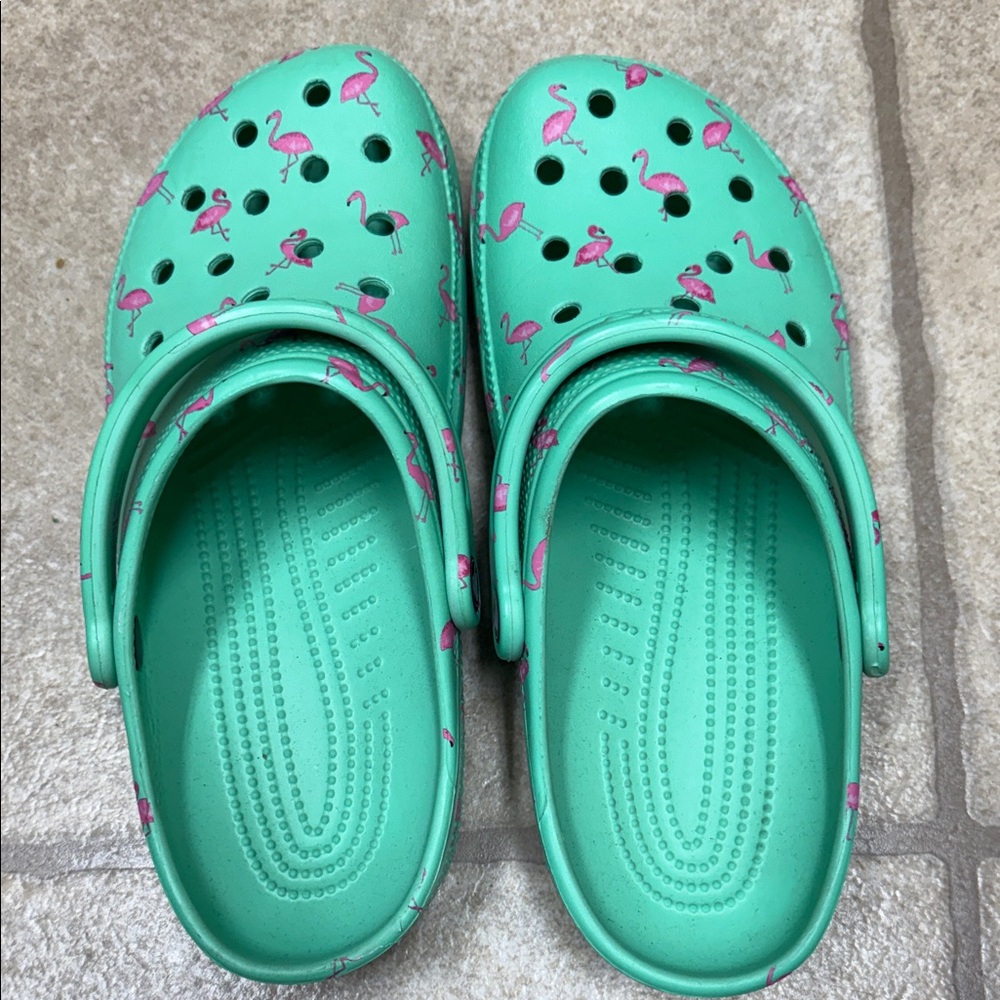 CROCS Teal Clogs with Pink Flamingos - Picture 3 of 4